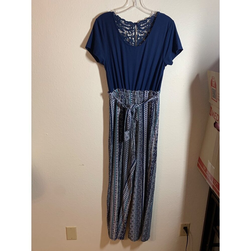 Just Be Short Sleeve Romper Pants Women's Size Medium Boho Lace Y2K Blue AE2